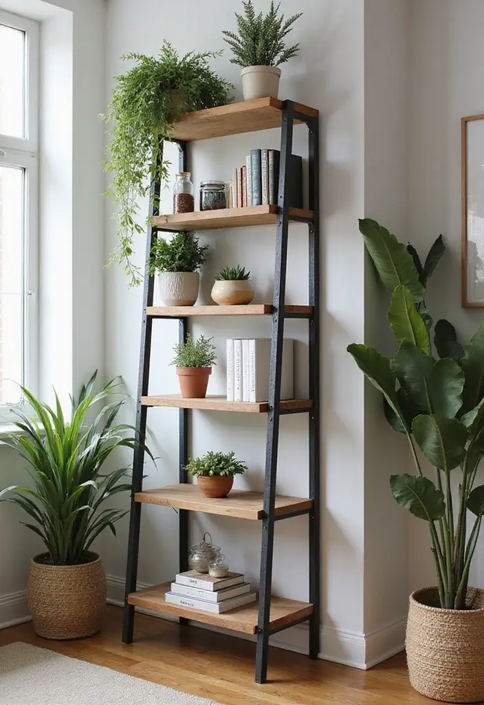 28 Industrial Shelf Decor Ideas For Living Rooms - 7. Industrial Ladder Shelf
