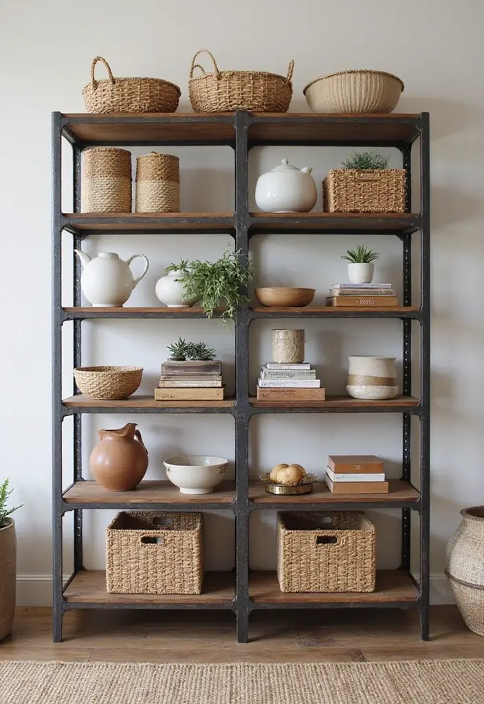 28 Industrial Shelf Decor Ideas For Living Rooms - 9. Decorative Baskets and Boxes