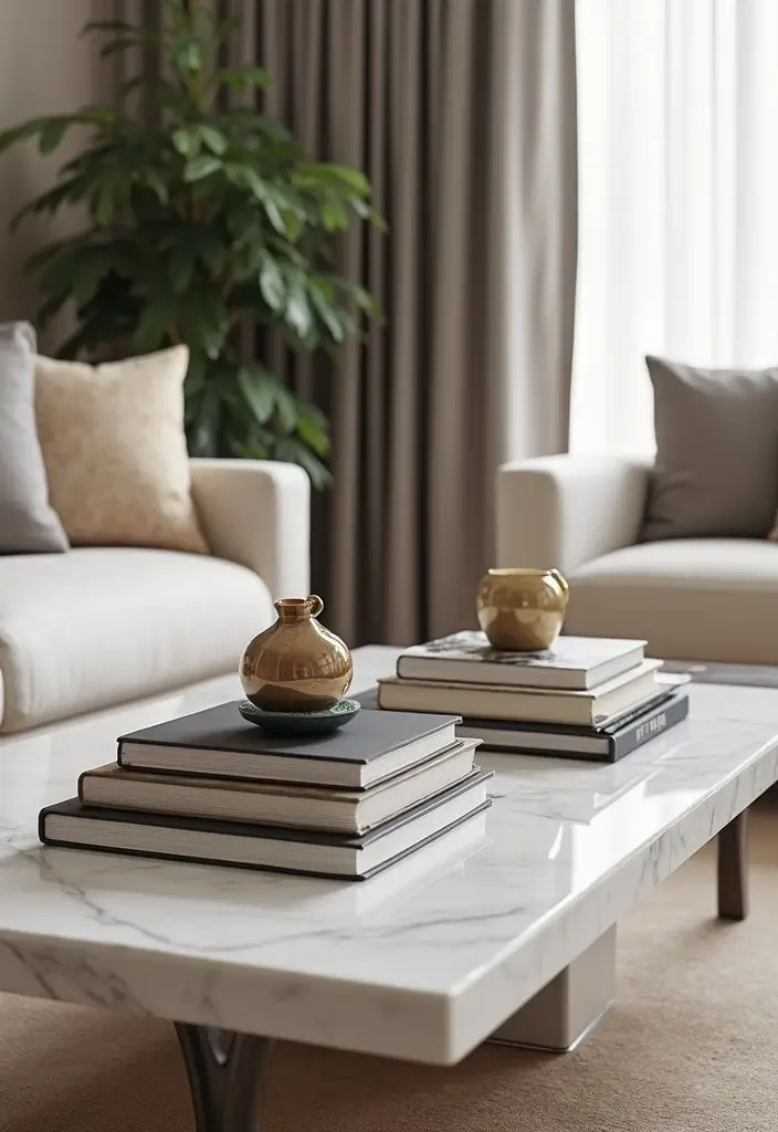 28 Marble Table Decor Ideas For Chic Interiors 65 28 Marble Table Decor Ideas For Chic Interiors - 23. Layering Books with Decor