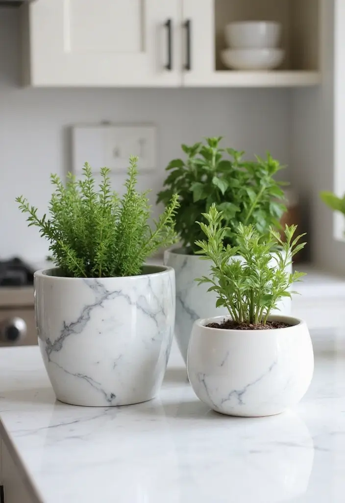 28 White Marble Kitchen Decor Ideas For Timeless Style 32 28 White Marble Kitchen Decor Ideas For Timeless Style - 14. Marble Planters
