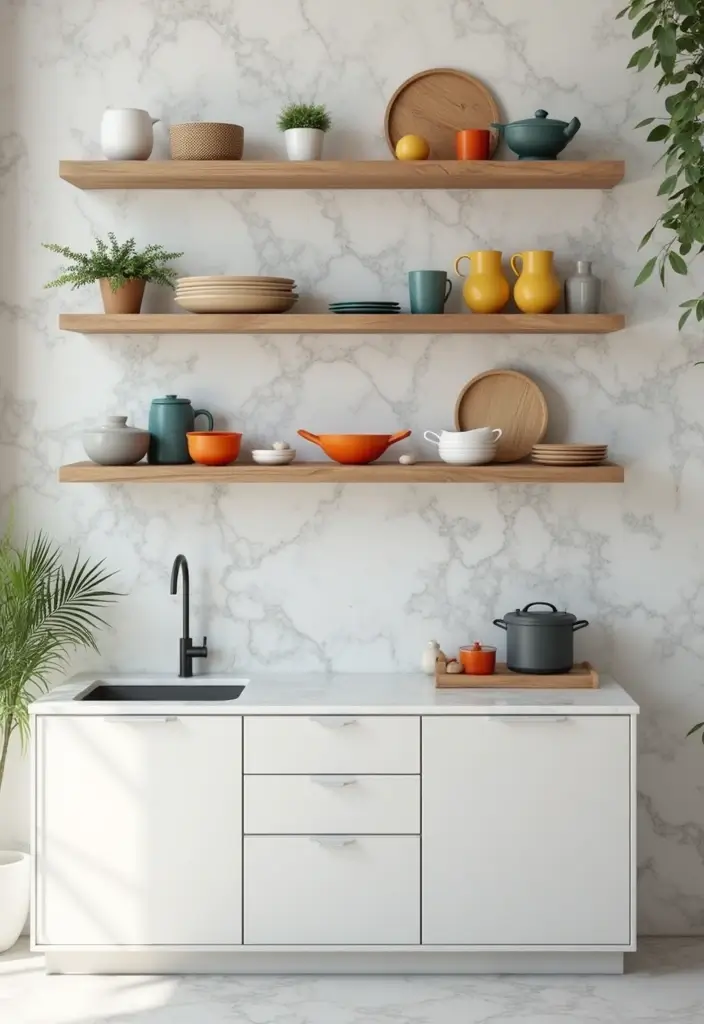 28 White Marble Kitchen Decor Ideas For Timeless Style 37 28 White Marble Kitchen Decor Ideas For Timeless Style - 17. Marble Wall Shelving