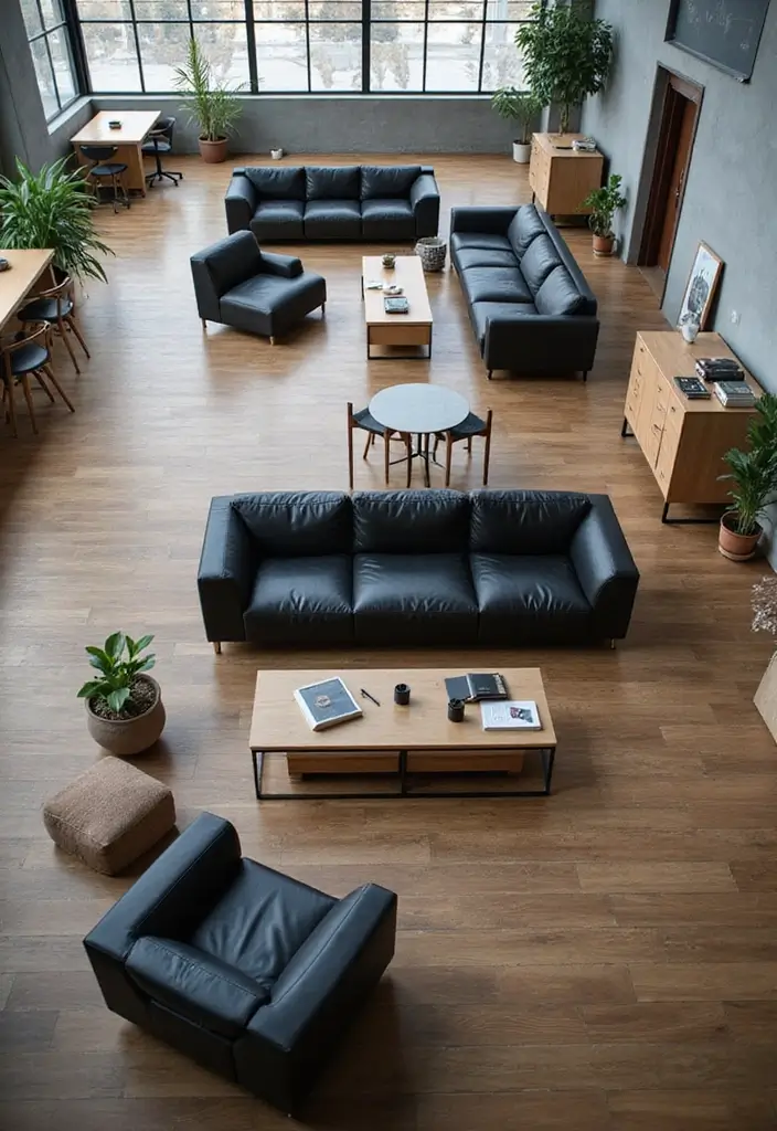 29 Black Leather Couch Office Decor Ideas For Professional Spaces 63 29 Black Leather Couch Office Decor Ideas For Professional Spaces - 19. Create Zones with Furniture Layout