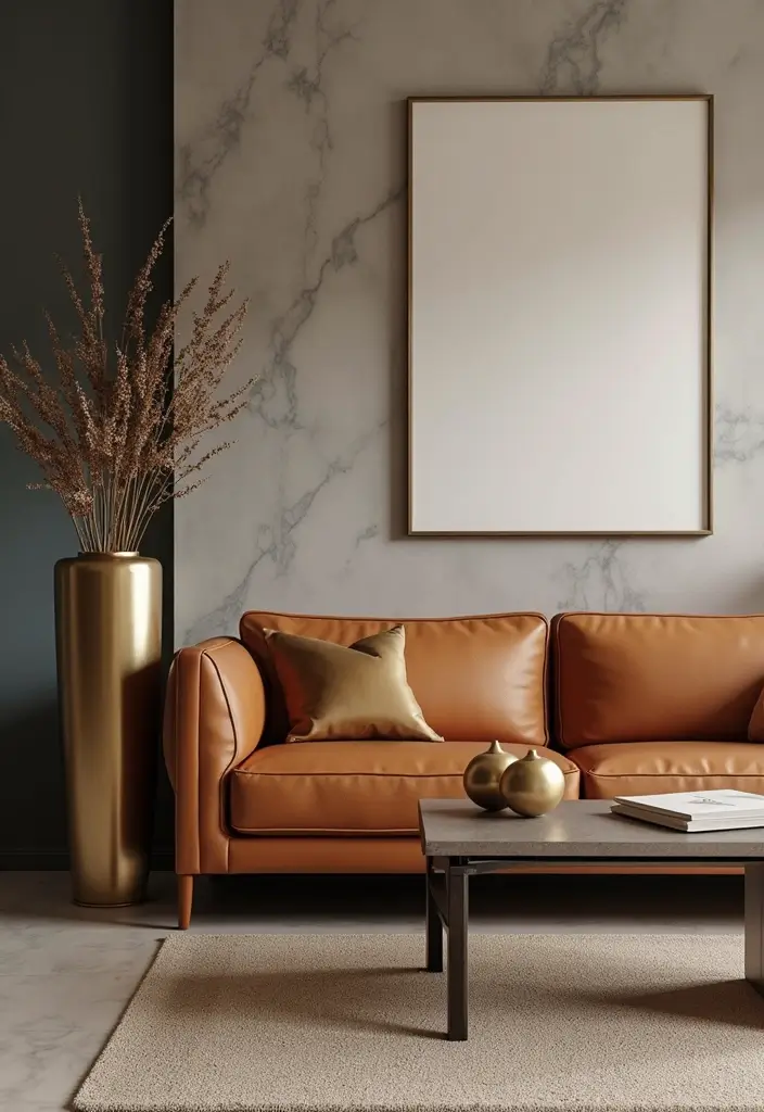 29 Cozy Living Room Decor Tips Featuring Leather Sofas 32 29 Cozy Living Room Decor Tips Featuring Leather Sofas - 10. Add a Touch of Metallics