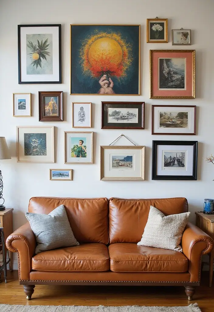 29 Cozy Living Room Decor Tips Featuring Leather Sofas 41 29 Cozy Living Room Decor Tips Featuring Leather Sofas - 13. Curate a Colorful Gallery Wall