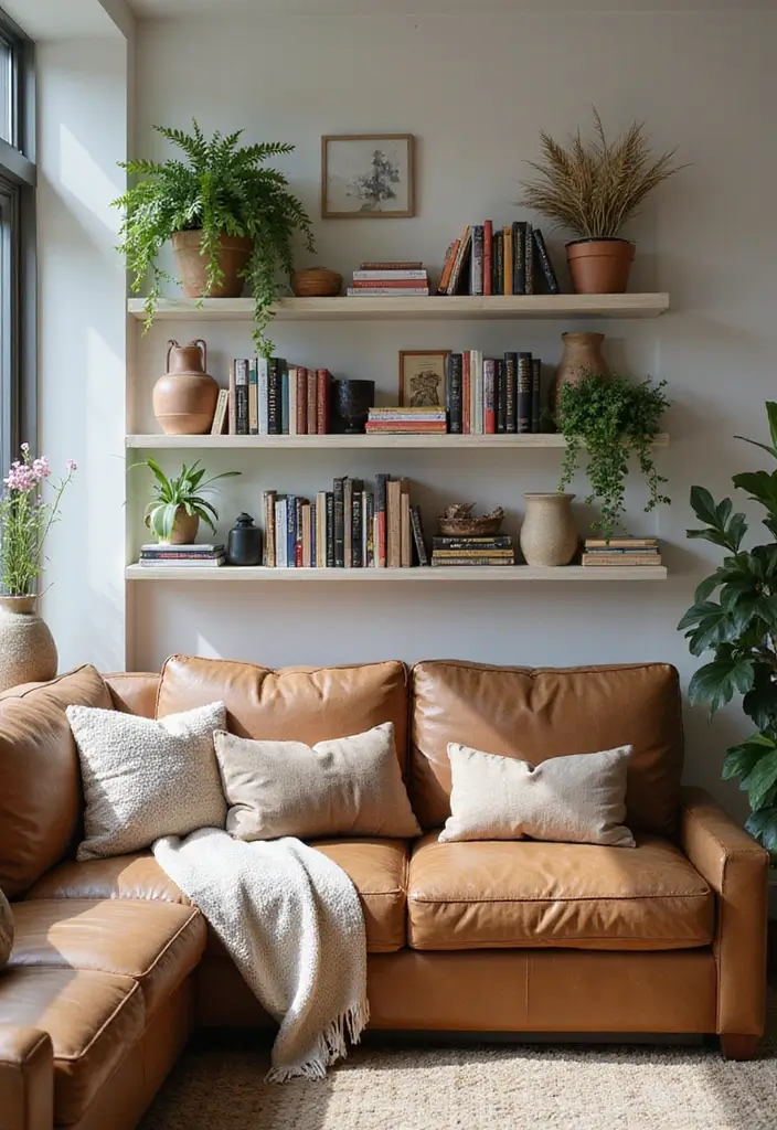 29 Cozy Living Room Decor Tips Featuring Leather Sofas 46 29 Cozy Living Room Decor Tips Featuring Leather Sofas - 18. Make Use of Layered Shelving