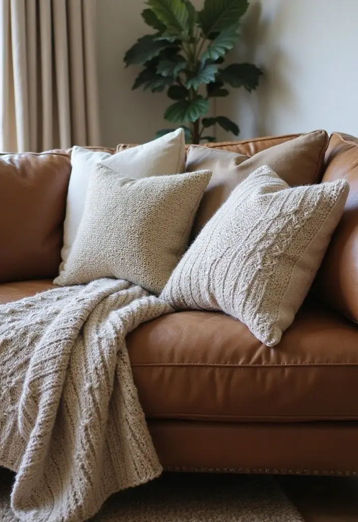 29 Cozy Living Room Decor Tips Featuring Leather Sofas 8 29 Cozy Living Room Decor Tips Featuring Leather Sofas - 2. Incorporate Textiles for Warmth