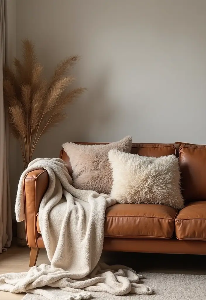 29 Cozy Living Room Decor Tips Featuring Leather Sofas 55 29 Cozy Living Room Decor Tips Featuring Leather Sofas - 21. Pair with Soft Fabrics
