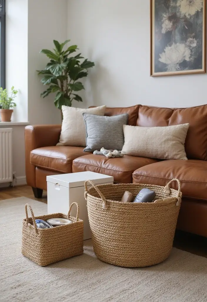 29 Cozy Living Room Decor Tips Featuring Leather Sofas 70 29 Cozy Living Room Decor Tips Featuring Leather Sofas - 26. Utilize Functional Accessories