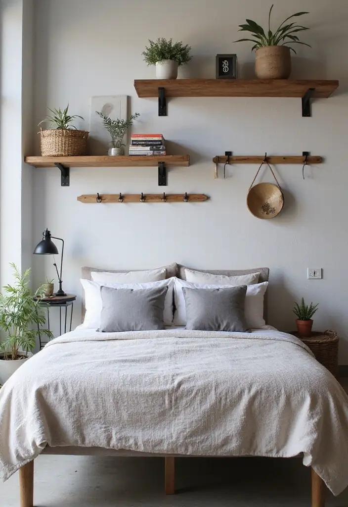 29 Industrial Bedroom Decor Ideas For Urban Comfort - 15. Wall-Mounted Storage Solutions