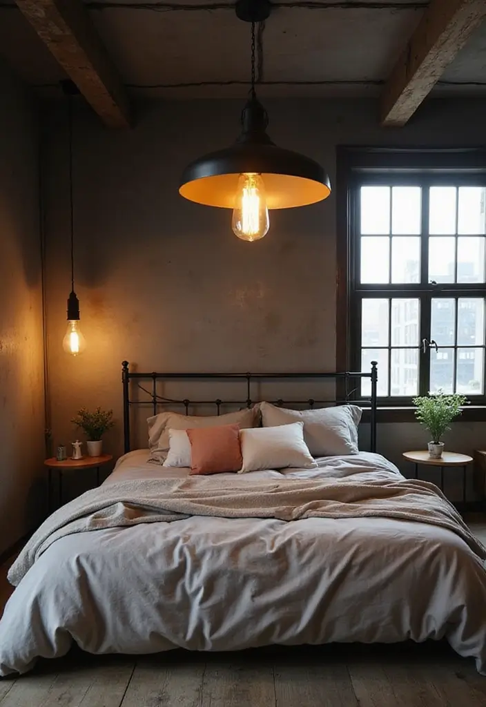 29 Industrial Bedroom Decor Ideas For Urban Comfort - 4. Statement Lighting