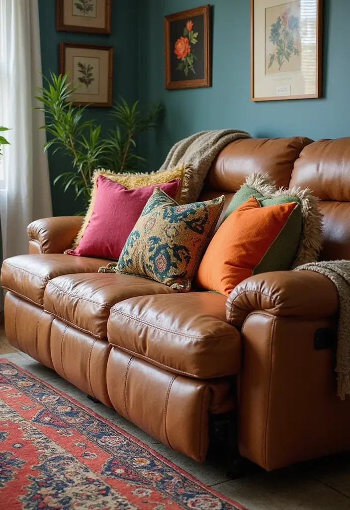 29 Leather Recliner Sofa Living Room Decor Ideas You Must Try - 15. Creative Pillows and Throws