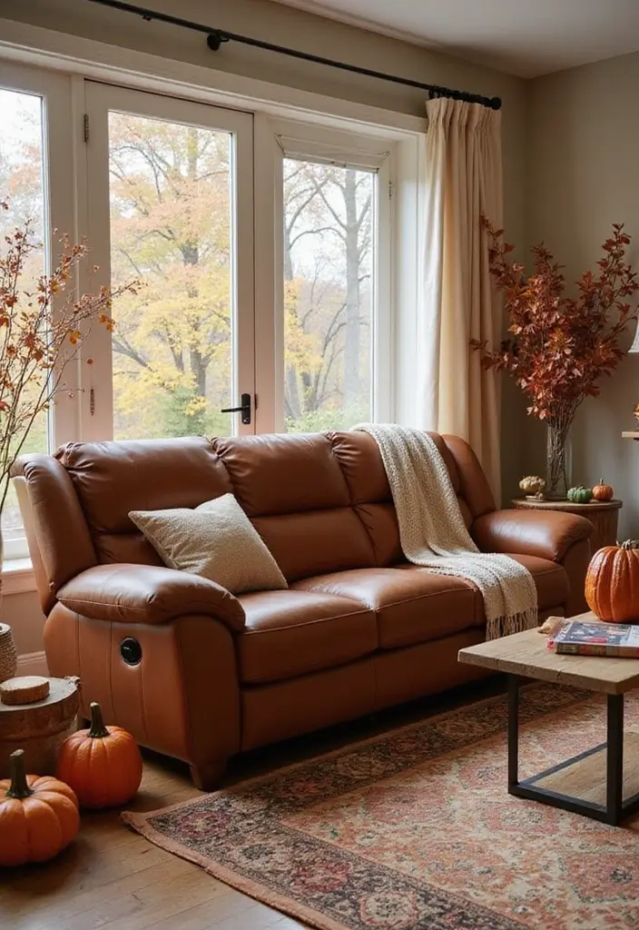 29 Leather Recliner Sofa Living Room Decor Ideas You Must Try - 24. Seasonal Decor