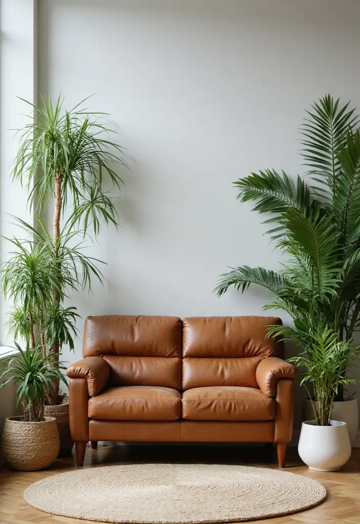 29 Leather Recliner Sofa Living Room Decor Ideas You Must Try - 5. Playful Plant Decor