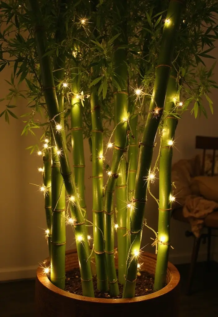 29 Lucky Bamboo Plant Decor Ideas For Good Vibes At Home - 18. Lucky Bamboo with Fairy Lights