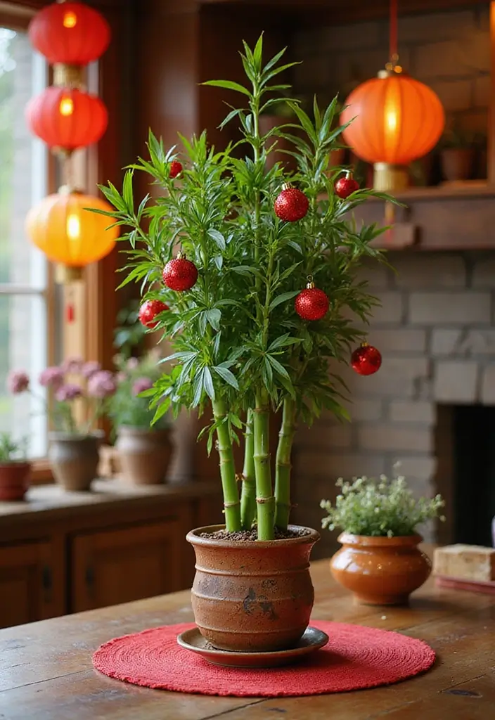 29 Lucky Bamboo Plant Decor Ideas For Good Vibes At Home - 25. Lucky Bamboo with Seasonal Decor