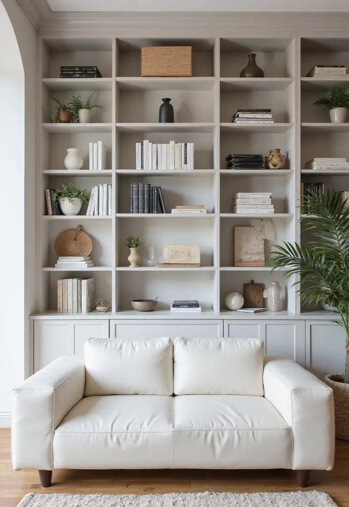 29 White Leather Sofa Decor Ideas For Elegant Living Rooms 73 29 White Leather Sofa Decor Ideas For Elegant Living Rooms - 23. Minimalist Bookshelves