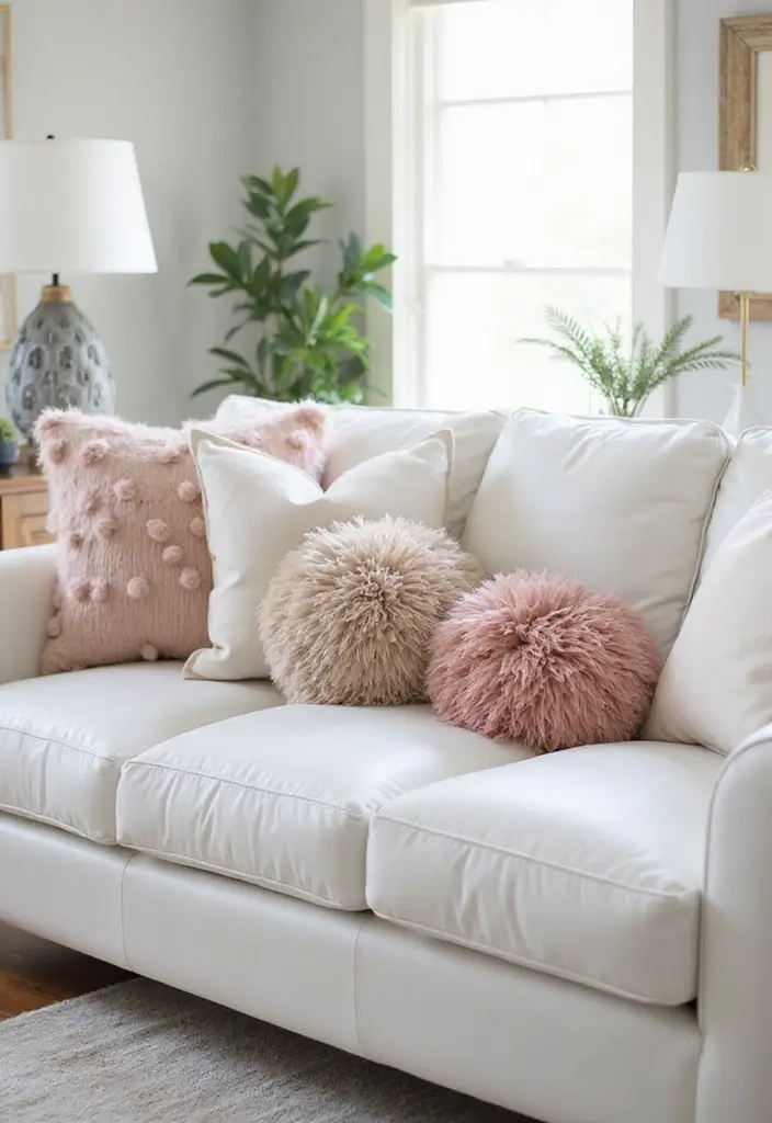 29 White Leather Sofa Decor Ideas For Elegant Living Rooms 80 29 White Leather Sofa Decor Ideas For Elegant Living Rooms - 24. Playful Pom Poms