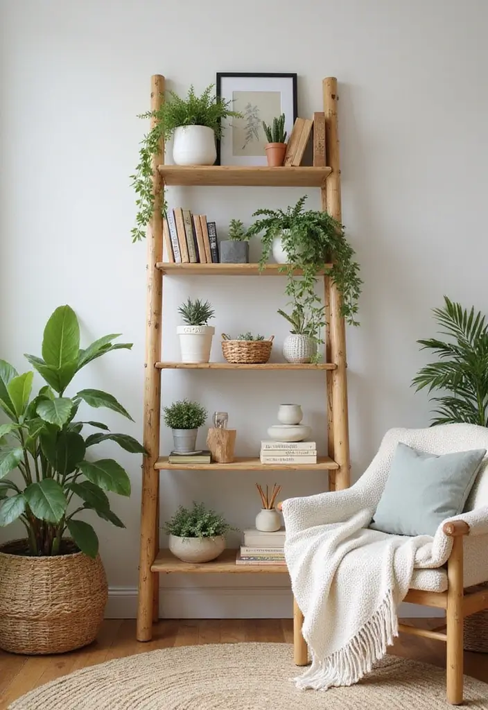 30+ Bamboo Living Room Decor Ideas For A Zen Aesthetic - 22. Bamboo Ladder Shelf