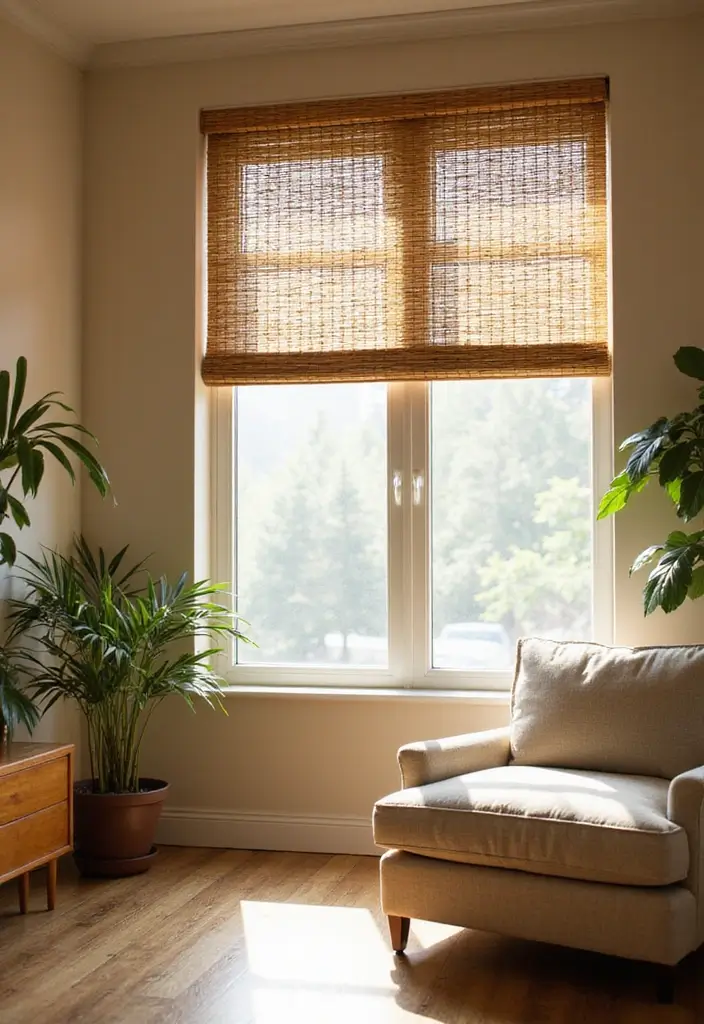 30+ Bamboo Living Room Decor Ideas For A Zen Aesthetic - 27. Bamboo Window Blinds