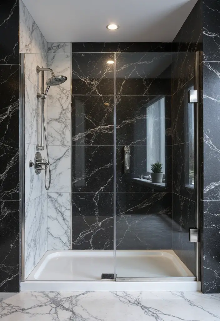 30+ Black And White Marble Bathroom Decor Ideas For Modern Homes 4 30+ Black And White Marble Bathroom Decor Ideas For Modern Homes - 4. Black and White Marble Shower Walls