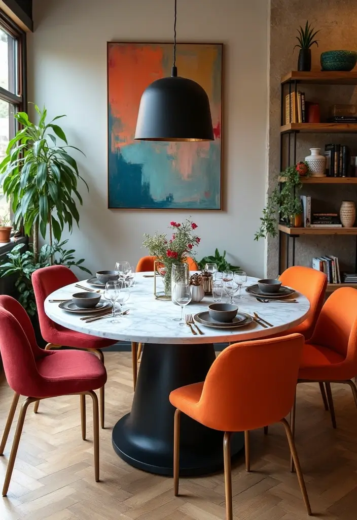 30+ Dining Room Decor Ideas Featuring Marble Tables 24 30+ Dining Room Decor Ideas Featuring Marble Tables - 12. Eclectic Gatherings