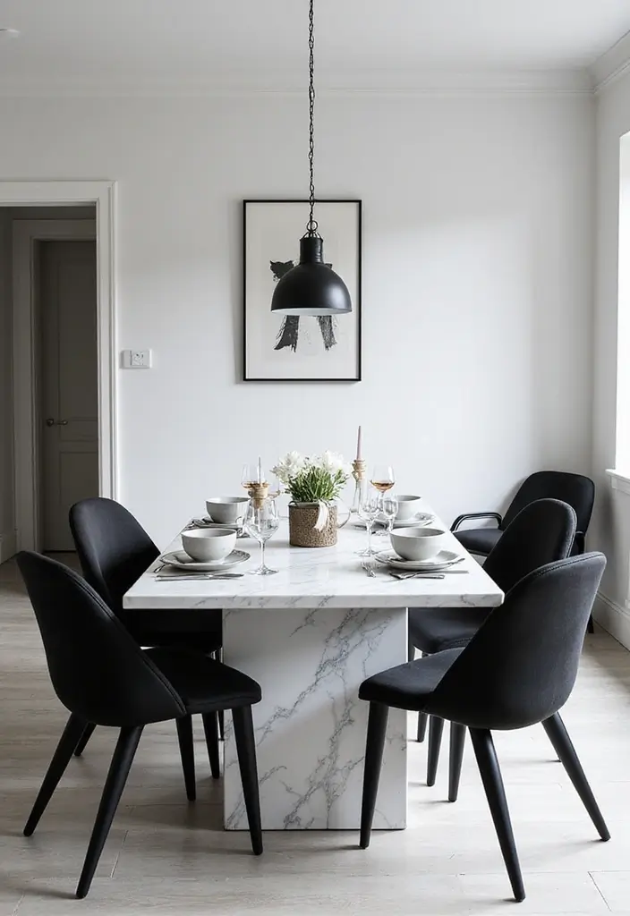 30+ Dining Room Decor Ideas Featuring Marble Tables 36 30+ Dining Room Decor Ideas Featuring Marble Tables - 16. Monochrome Magic