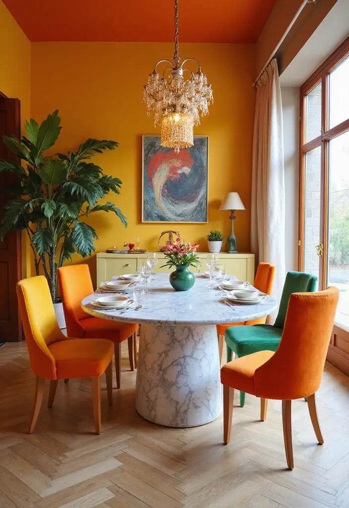 30+ Dining Room Decor Ideas Featuring Marble Tables 12 30+ Dining Room Decor Ideas Featuring Marble Tables - 6. Bold Color Palettes
