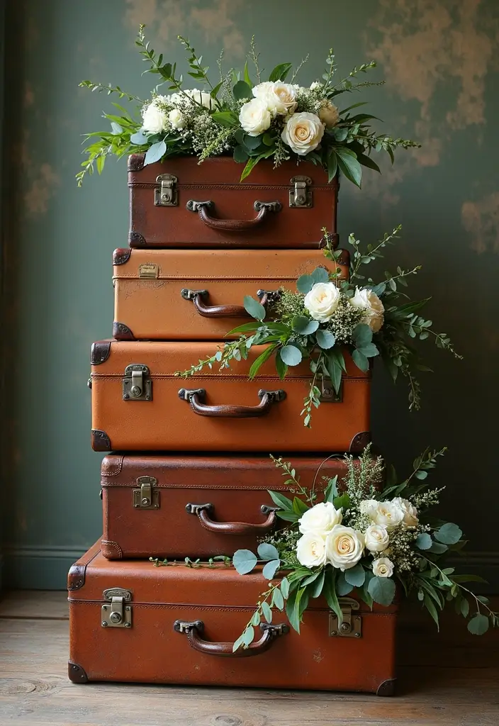 30+ Industrial Chic Wedding Decor Ideas For Modern Couples - 4. Vintage Suitcases for Decor