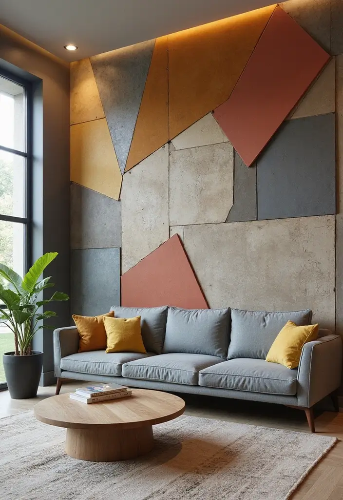 30+ Living Room Wall Decor Ideas With Industrial Charm 46 30+ Living Room Wall Decor Ideas With Industrial Charm - 10. Geometric Wall Panels