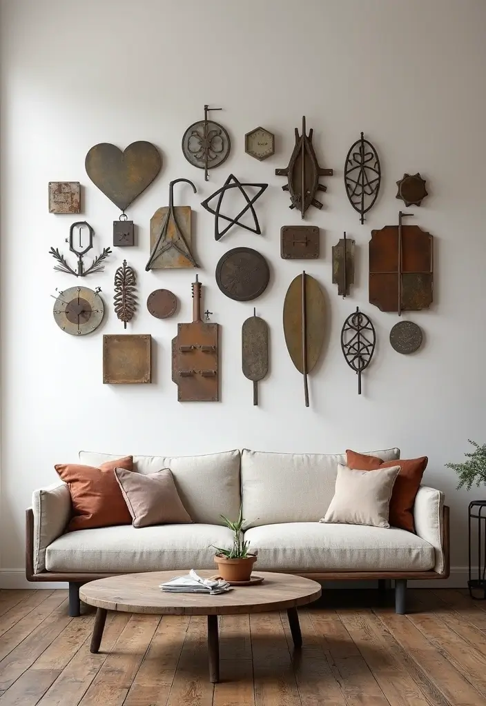 30+ Living Room Wall Decor Ideas With Industrial Charm 53 30+ Living Room Wall Decor Ideas With Industrial Charm - 11. Metal Wall Art