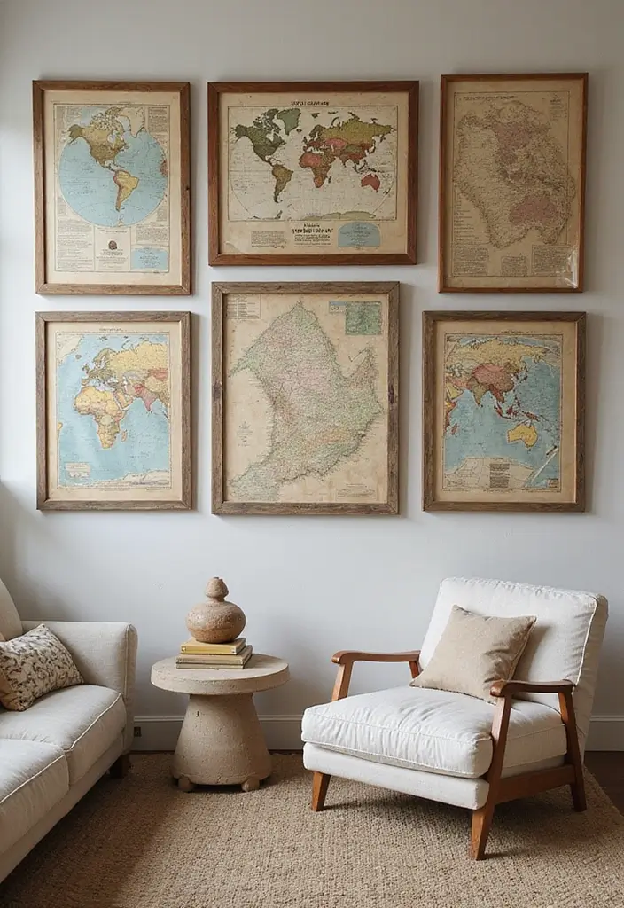30+ Living Room Wall Decor Ideas With Industrial Charm 60 30+ Living Room Wall Decor Ideas With Industrial Charm - 12. Vintage Maps