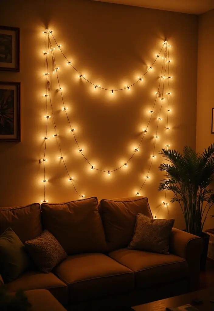 30+ Living Room Wall Decor Ideas With Industrial Charm 82 30+ Living Room Wall Decor Ideas With Industrial Charm - 16. String Lights as Decor