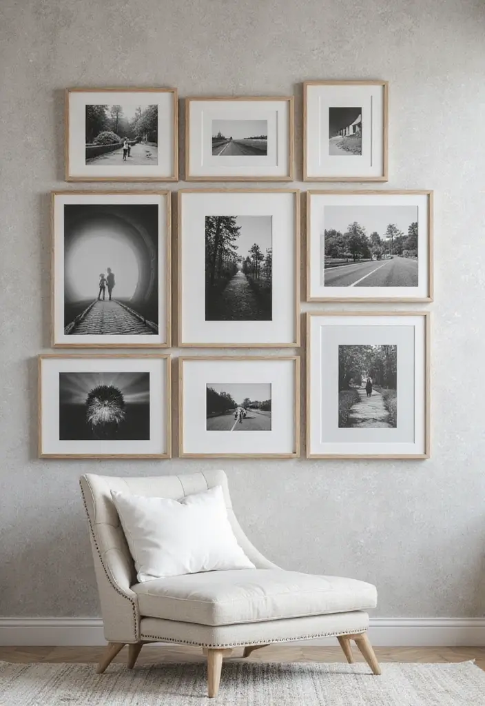 30+ Living Room Wall Decor Ideas With Industrial Charm 18 30+ Living Room Wall Decor Ideas With Industrial Charm - 6. Gallery Wall of Black and White Photos