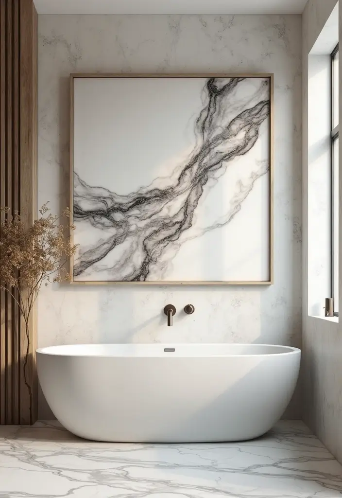 30+ Marble Bathroom Decor Ideas For Spa-Like Spaces 77 30+ Marble Bathroom Decor Ideas For Spa-Like Spaces - 19. Marble Wall Art
