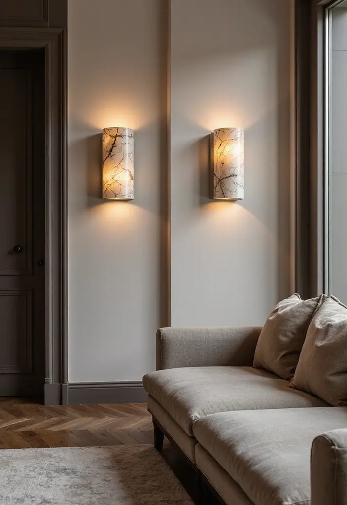 30+ Marble Wall Decor Ideas For Elegant Living Rooms 27 30+ Marble Wall Decor Ideas For Elegant Living Rooms - 15. Marble Wall Sconces