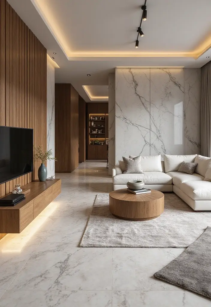 30+ Marble Wall Decor Ideas For Elegant Living Rooms 41 30+ Marble Wall Decor Ideas For Elegant Living Rooms - 19. Marble and Wood Combinations