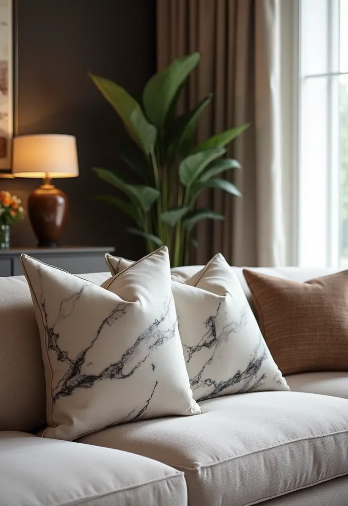 30+ Marble Wall Decor Ideas For Elegant Living Rooms 50 30+ Marble Wall Decor Ideas For Elegant Living Rooms - 22. Marble Accent Pillows