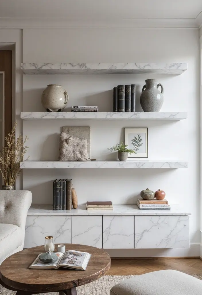 30+ Marble Wall Decor Ideas For Elegant Living Rooms 3 30+ Marble Wall Decor Ideas For Elegant Living Rooms - 3. Marble Shelves